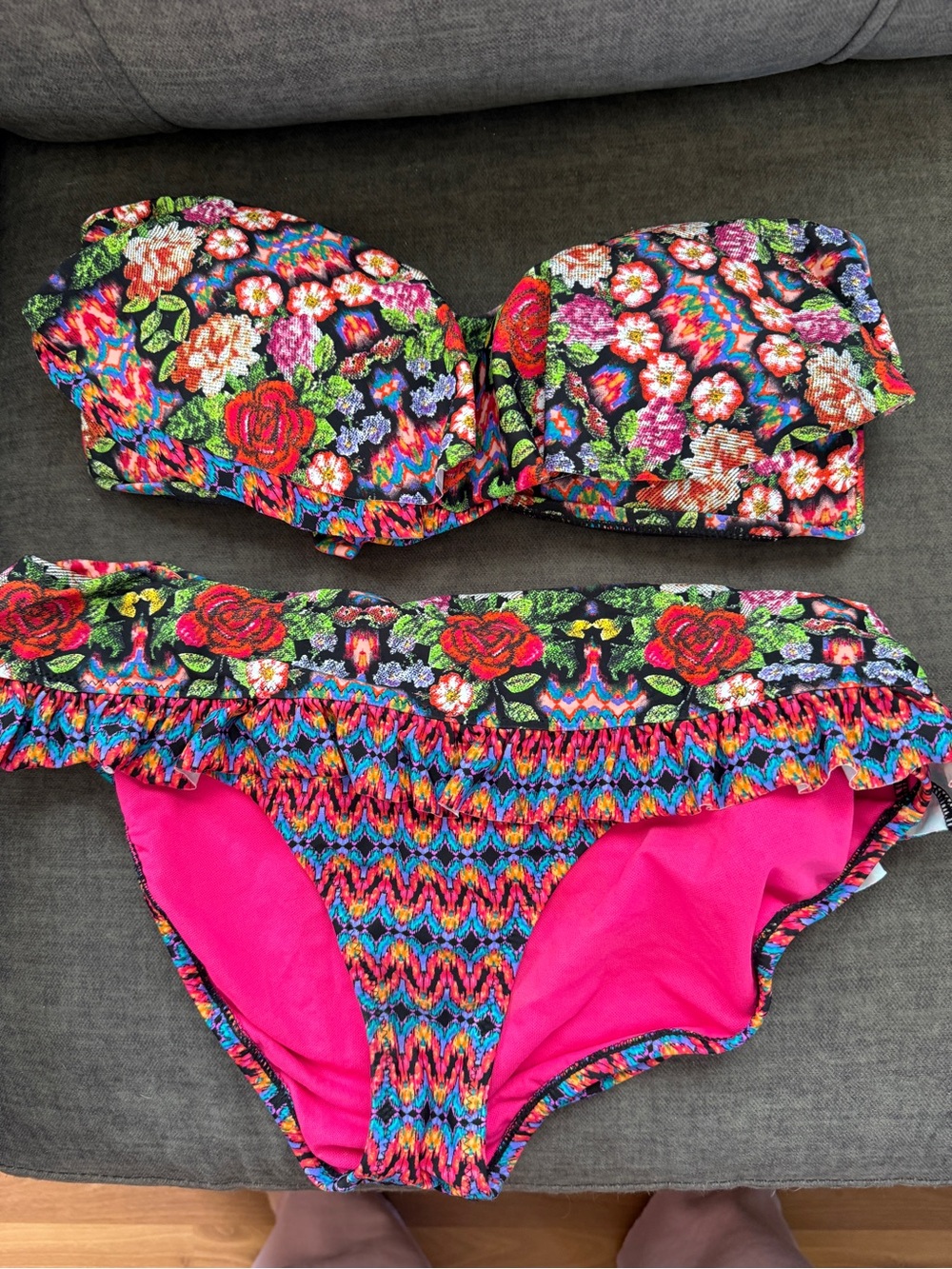 Jessica Simpson Floral Multicolor Ruffled Bikini Set with Hot Pink Lining